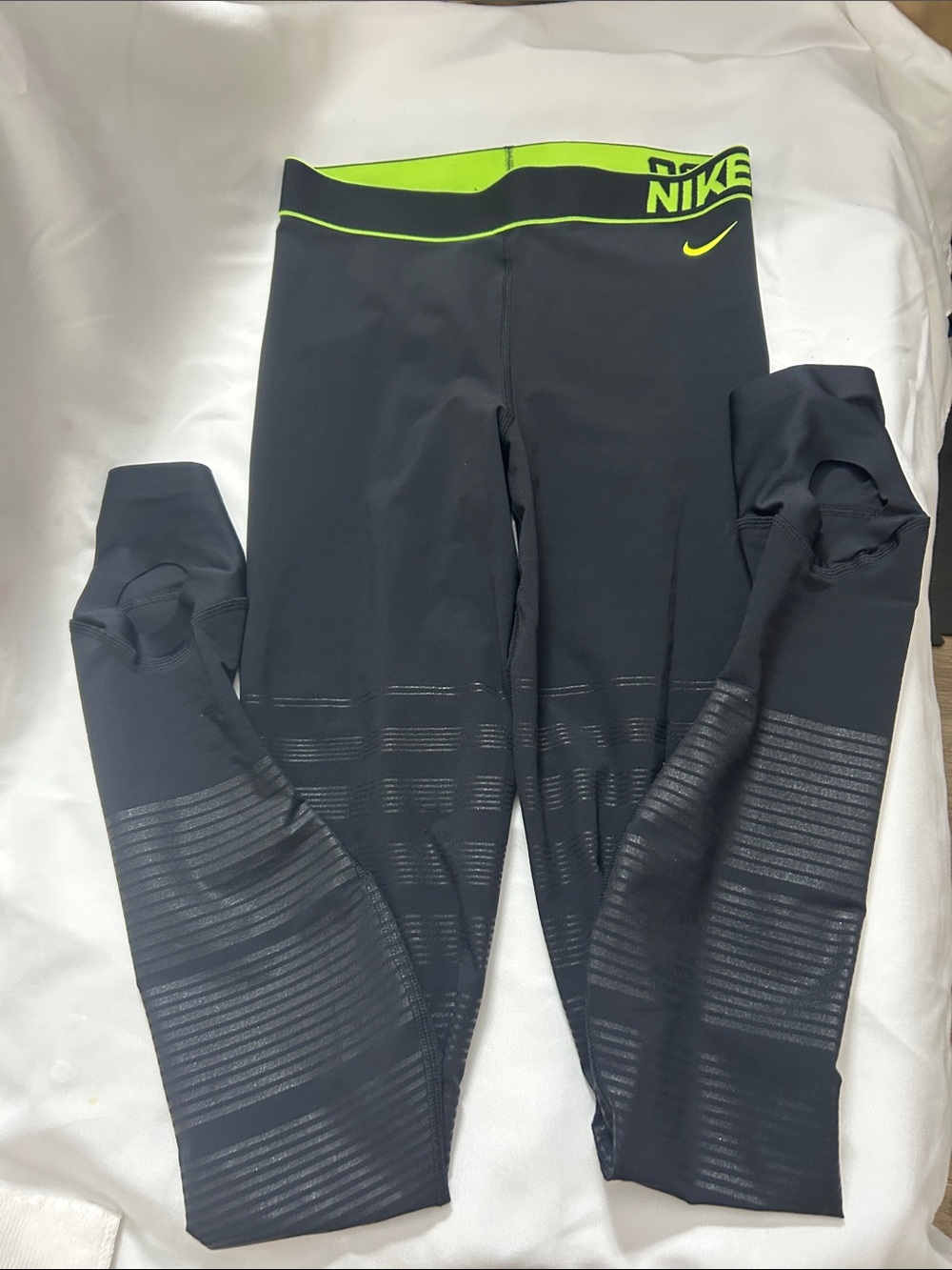 Nike Black Leggings with Neon Lime Waistband and Accent Swoosh